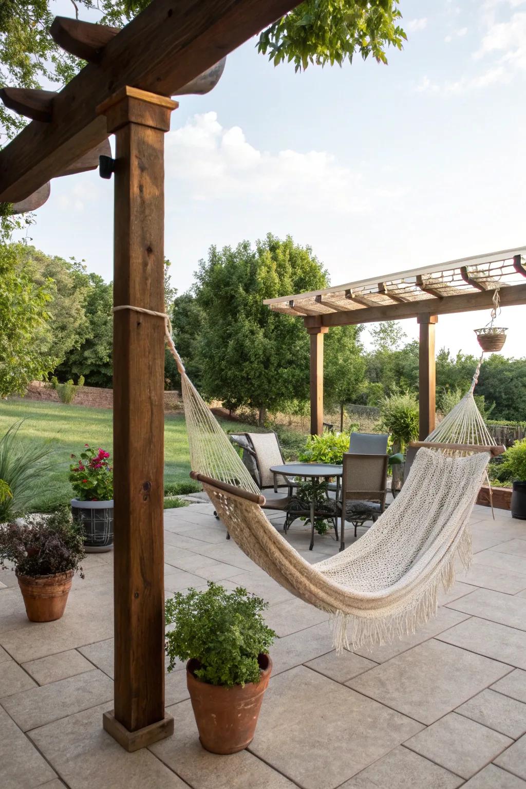 A swinging seat provides a best spot for relaxing on your patio.