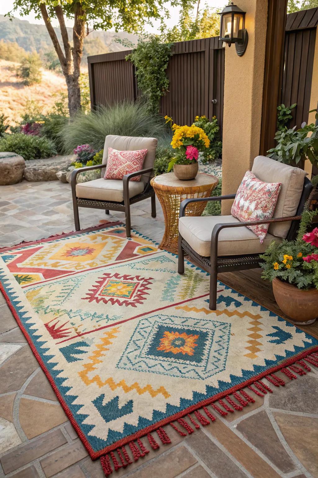 Exterior carpets add comfort and color to your patio.