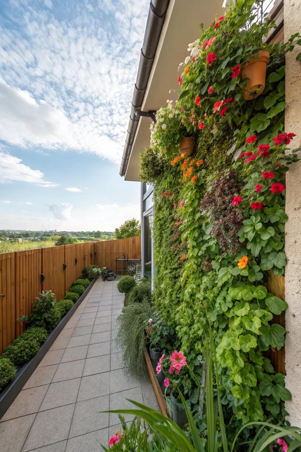 Raised gardens bring plants and life to patio walls.