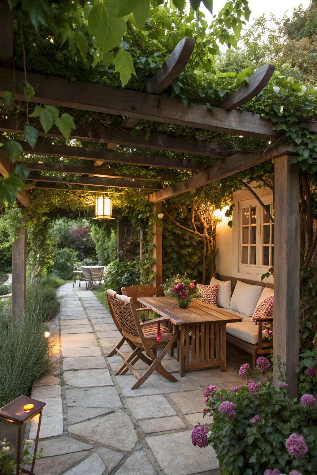 A sun shelter adorned with plants provides a peaceful, shaded escape.