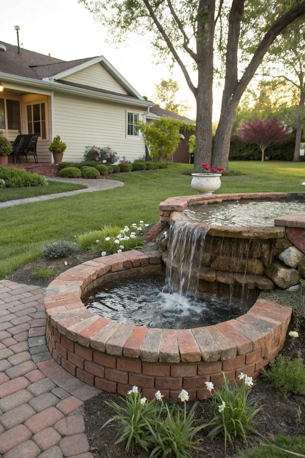 A stone water feature contributes a soothing presence to the garden.