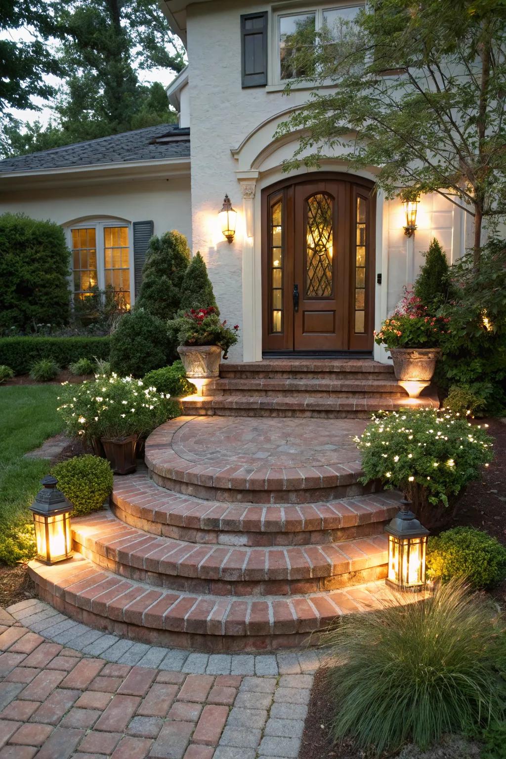 Elegant brick risers create a magnificent entryway.