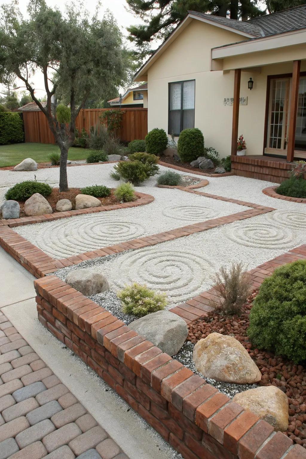 A stone Zen garden cultivates tranquility and reflection.