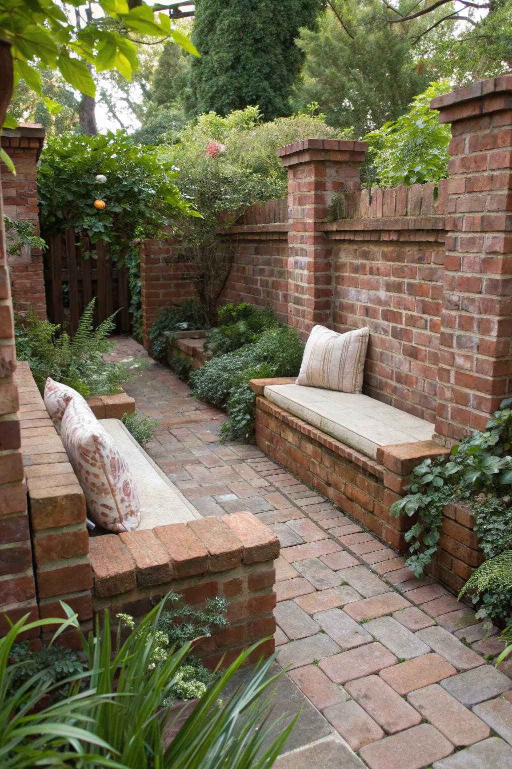 Stone seating spots invite relaxation within the garden.