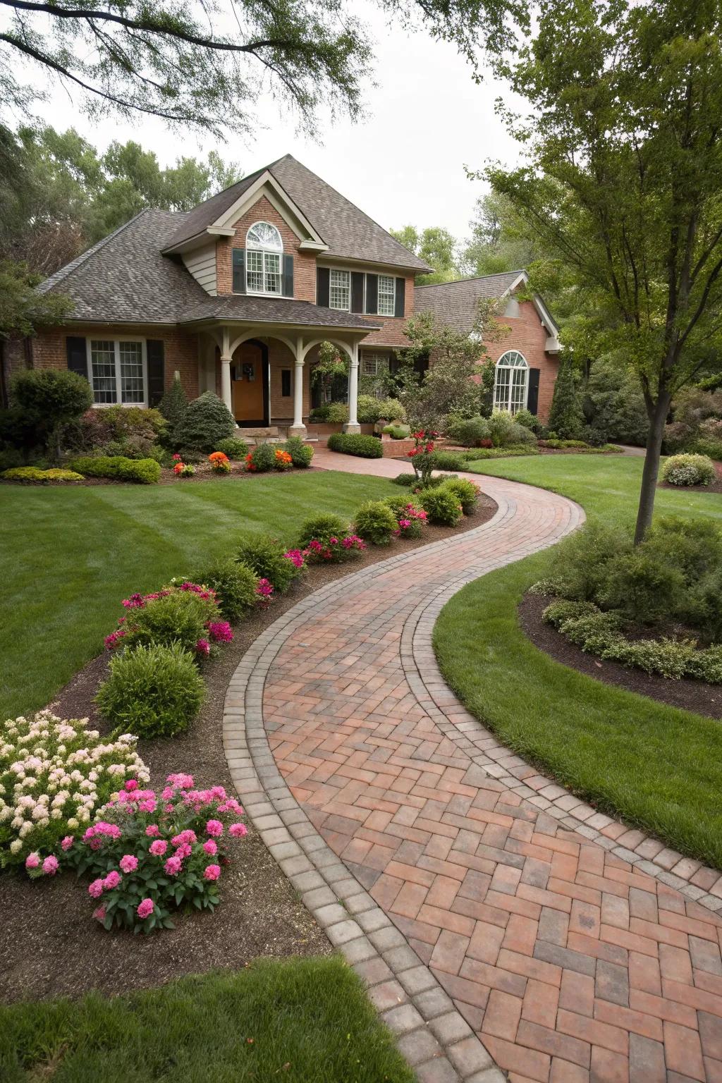 A captivating brick path curves beautifully through a vibrant front garden.