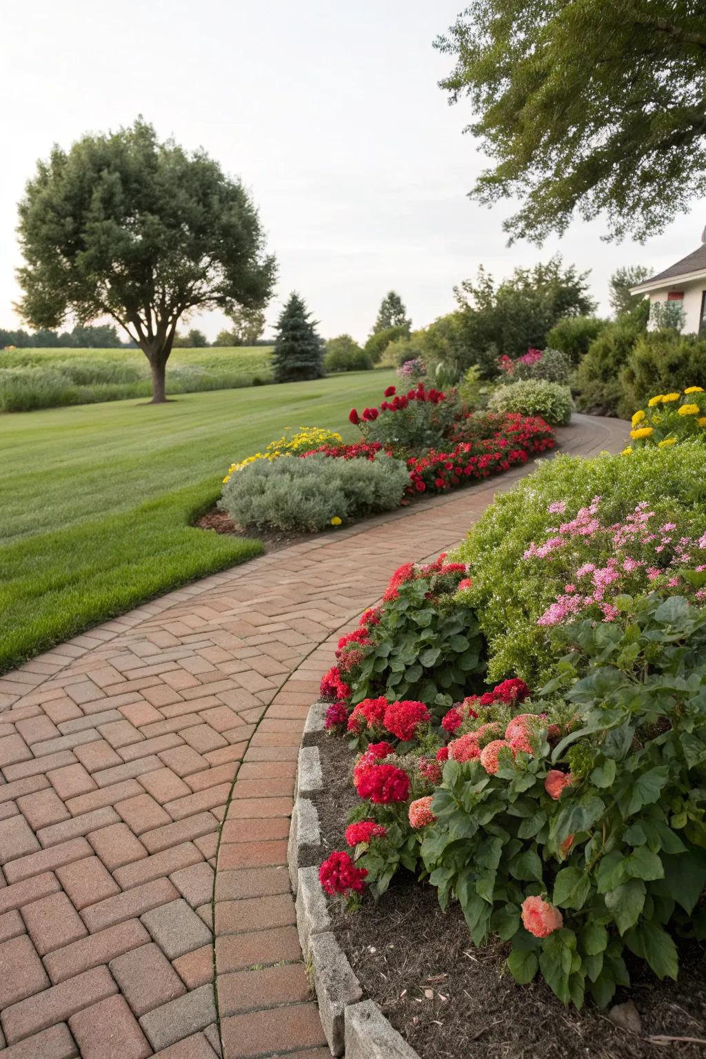 Colorful plantings infuse life into stone pathways.