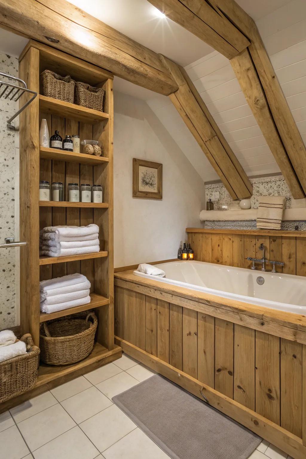 Envelop your bathroom in coziness with vibrant lumber accents.