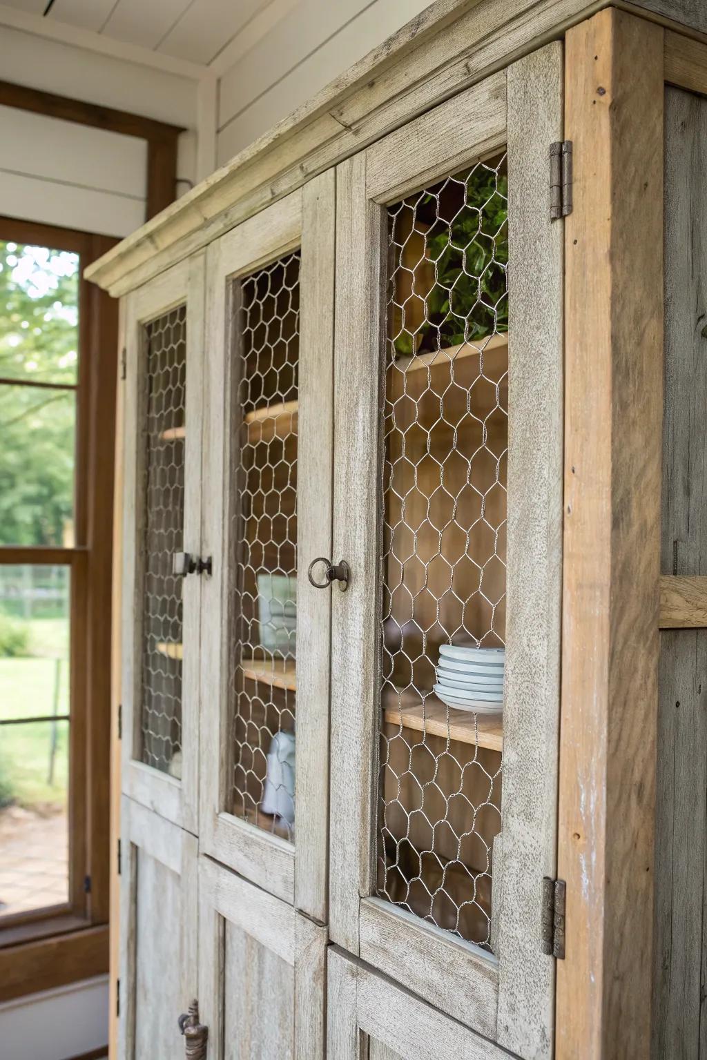Poultry netting inserts contribute a rural charm to cabinet doors.