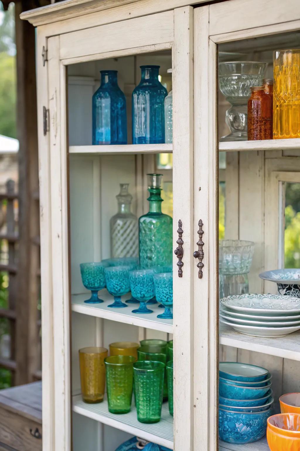 Glass-fronted cabinets gracefully display vintage glassware.