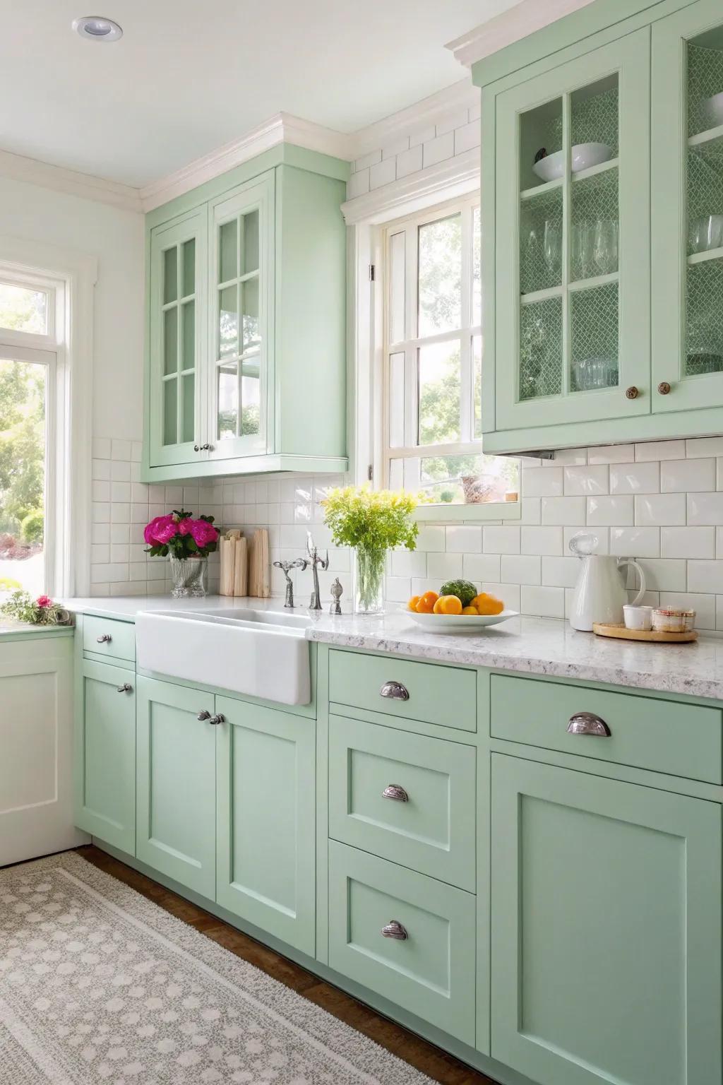 Cabinet doors painted mint green infuse a fresh vibe into the kitchen.