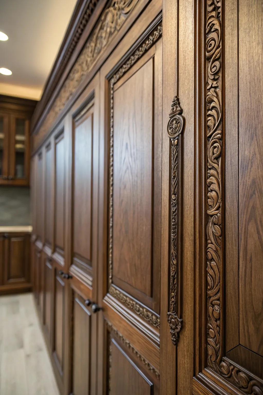 Wooden outlines amplify the sophistication of these cabinet doors.