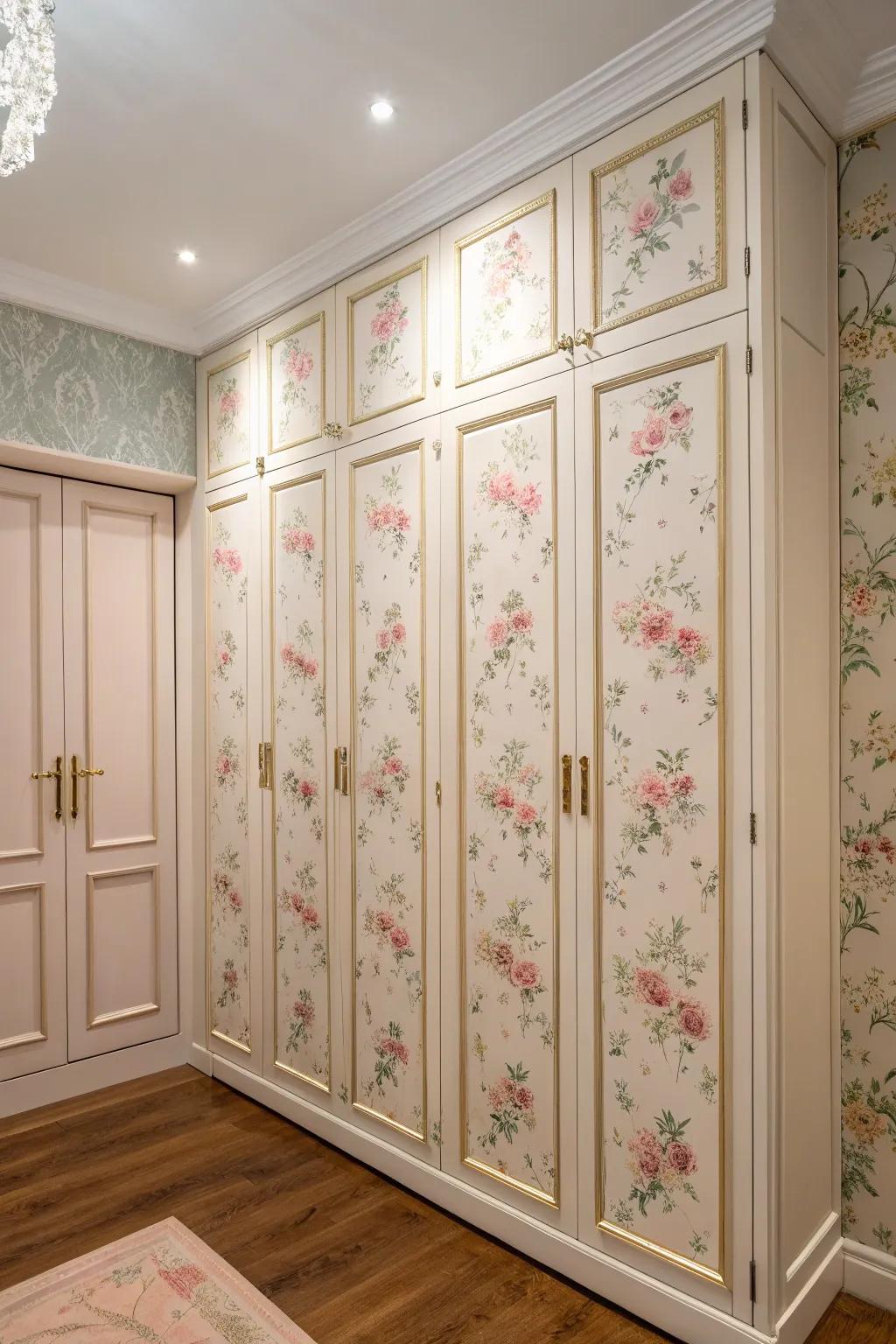 Floral wallpaper imparts charm to these cabinet doors.