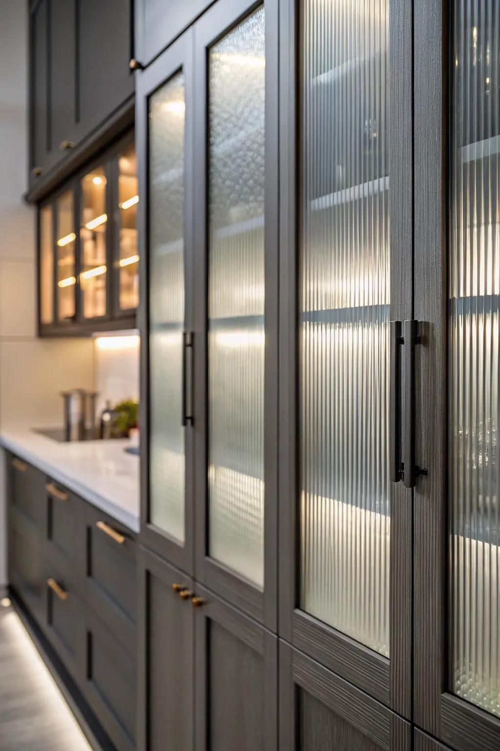Fluted glass inserts lend a contemporary flair to cabinet doors.
