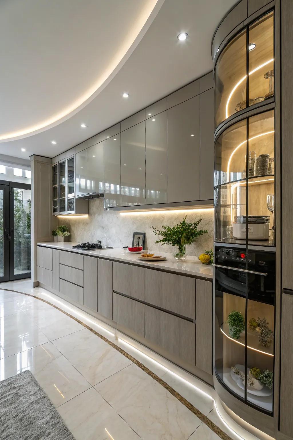 Curved cabinet doors introduce a unique elegance to the cooking area.