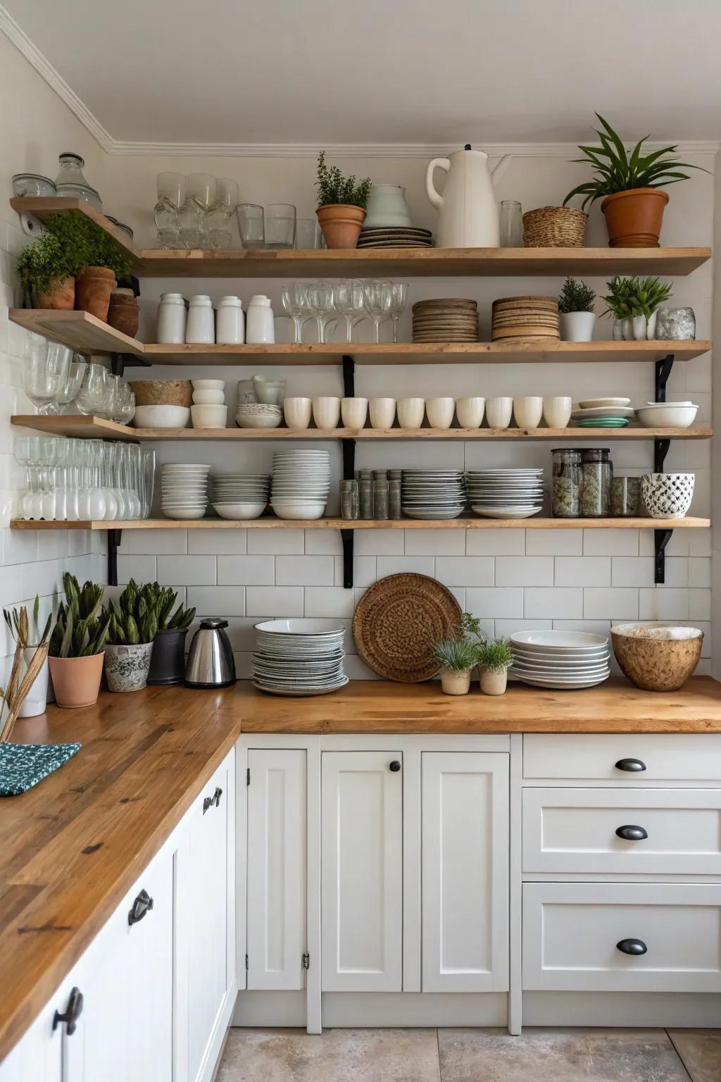 Open shelving establishes an airy and expansive ambiance in the kitchen.