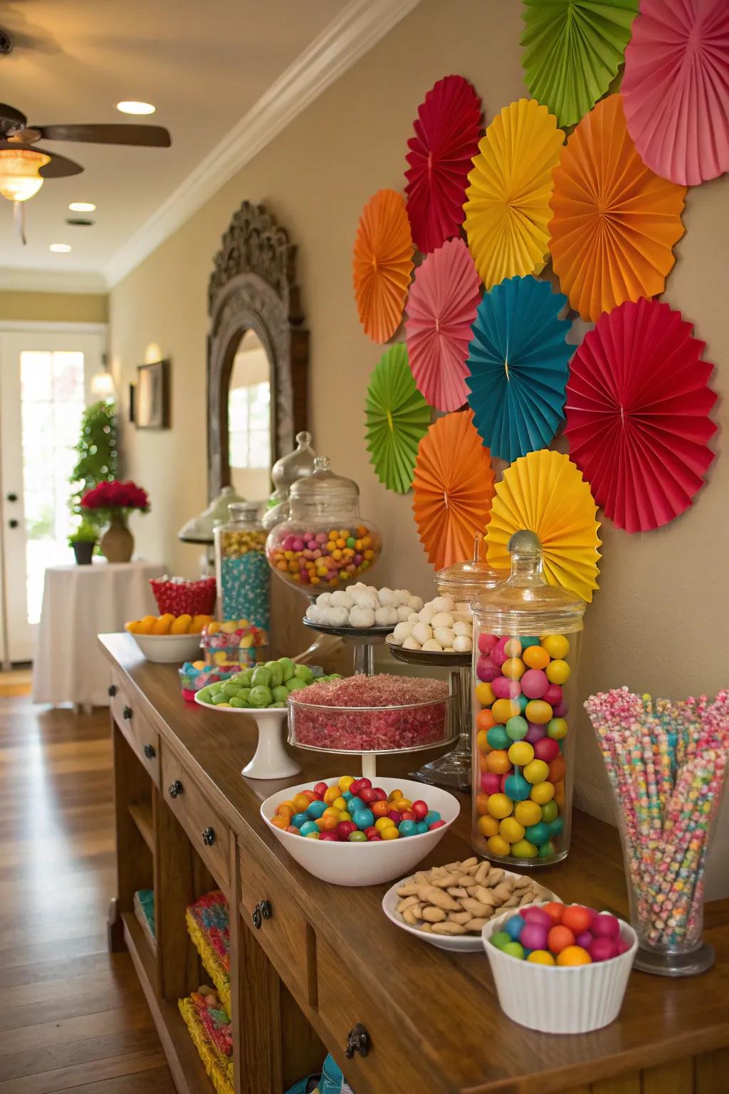 A vibrant DIY backdrop can enhance your candy buffet's appeal.