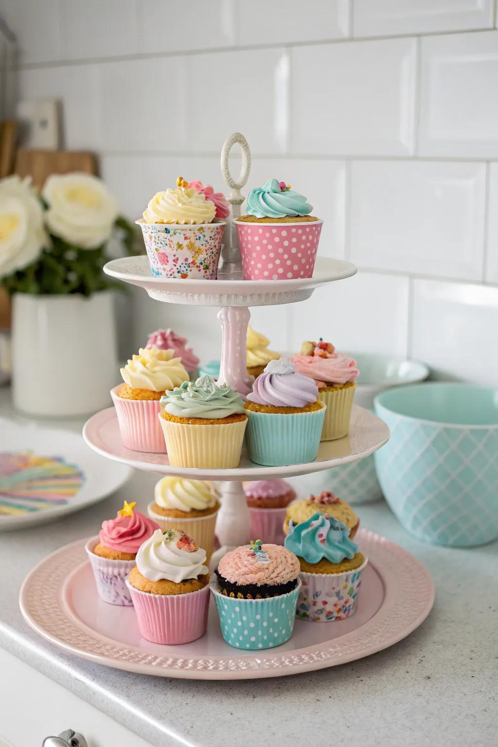A homemade cupcake stand adds charm and functionality.