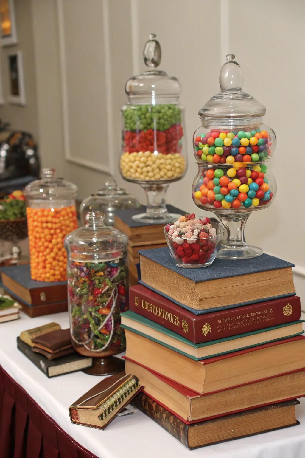 Stacked books create elegant height differences in your candy display.