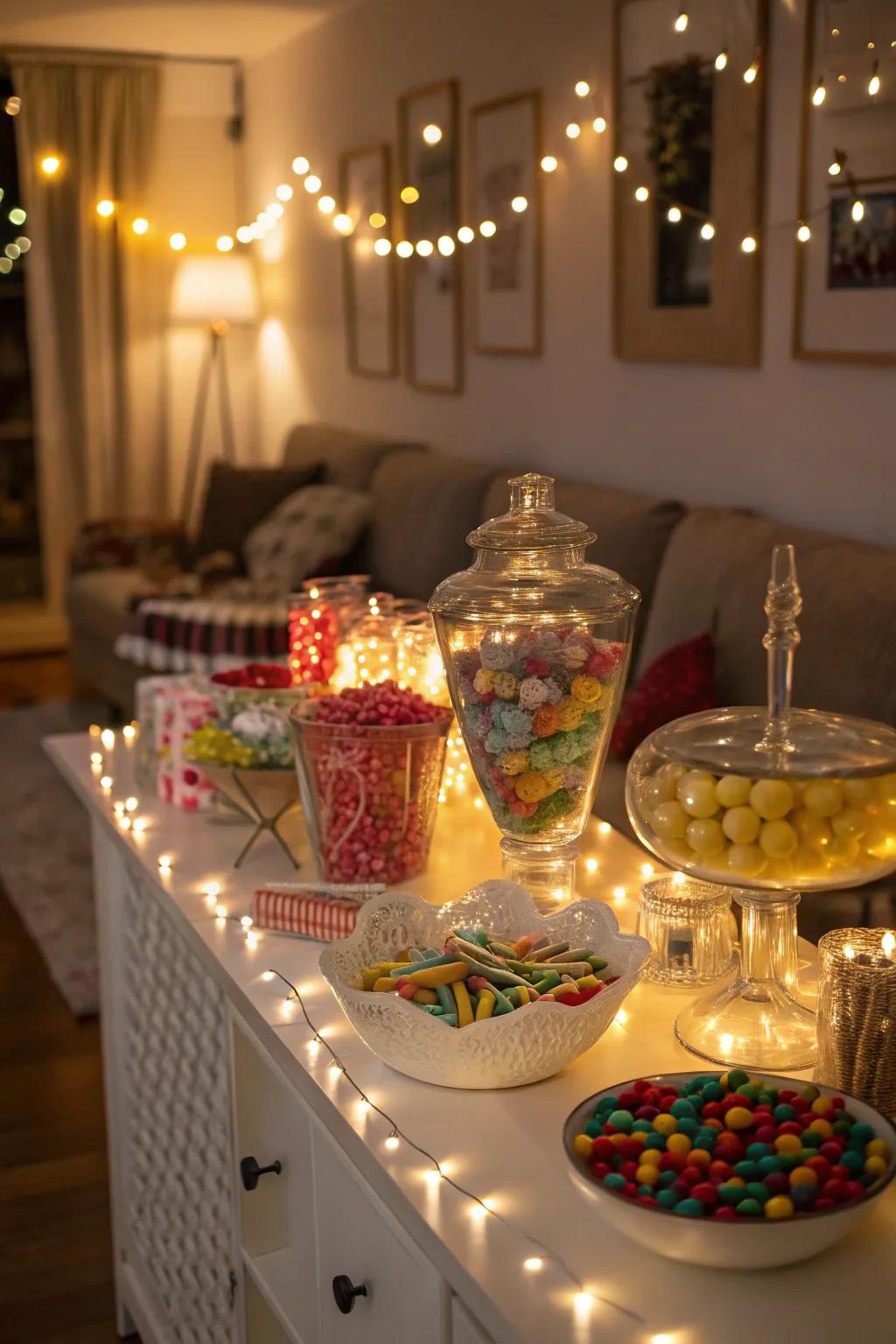 String lights add a warm and inviting glow to your candy buffet.