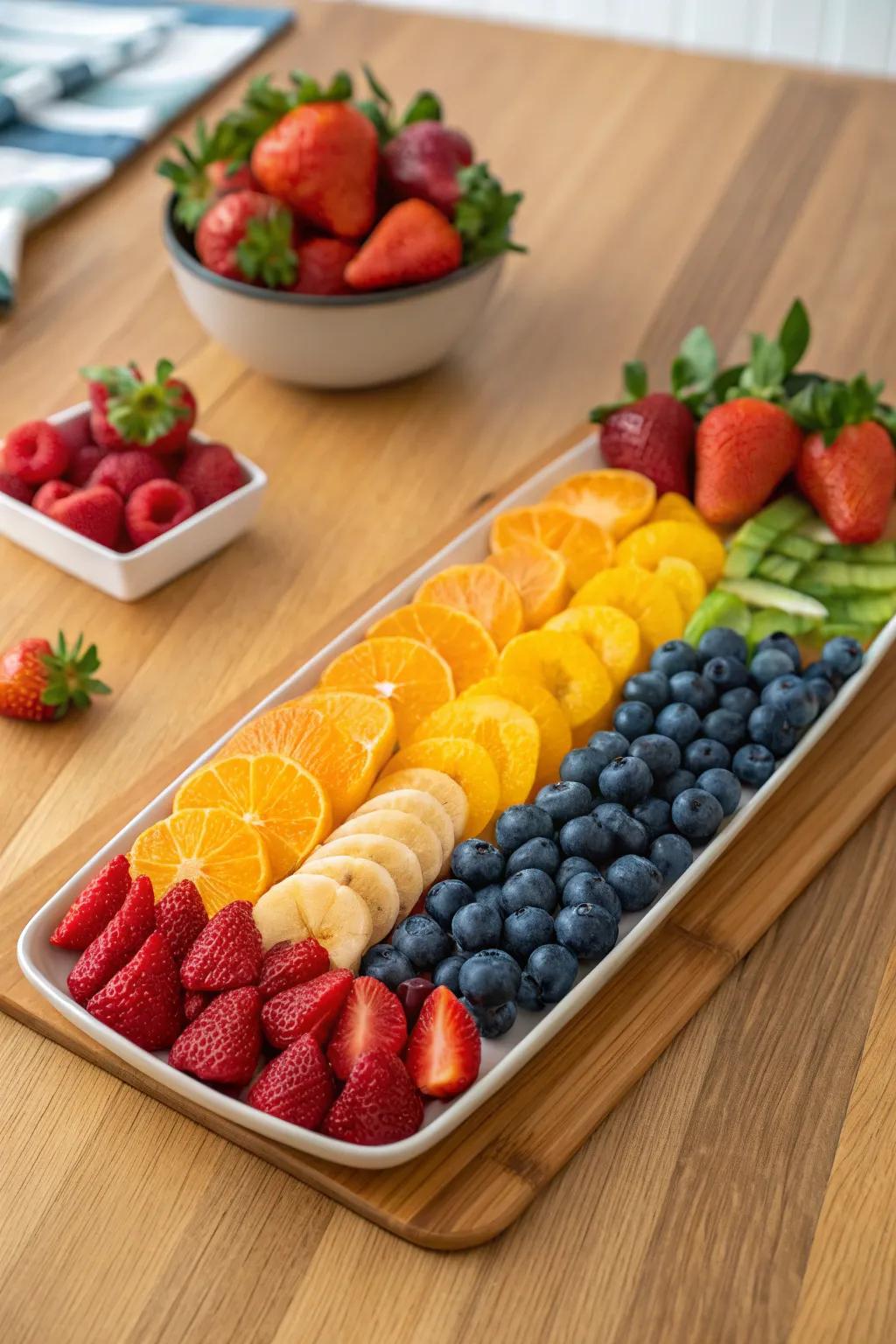 A vibrant fruit tray with all the colors of the rainbow.
