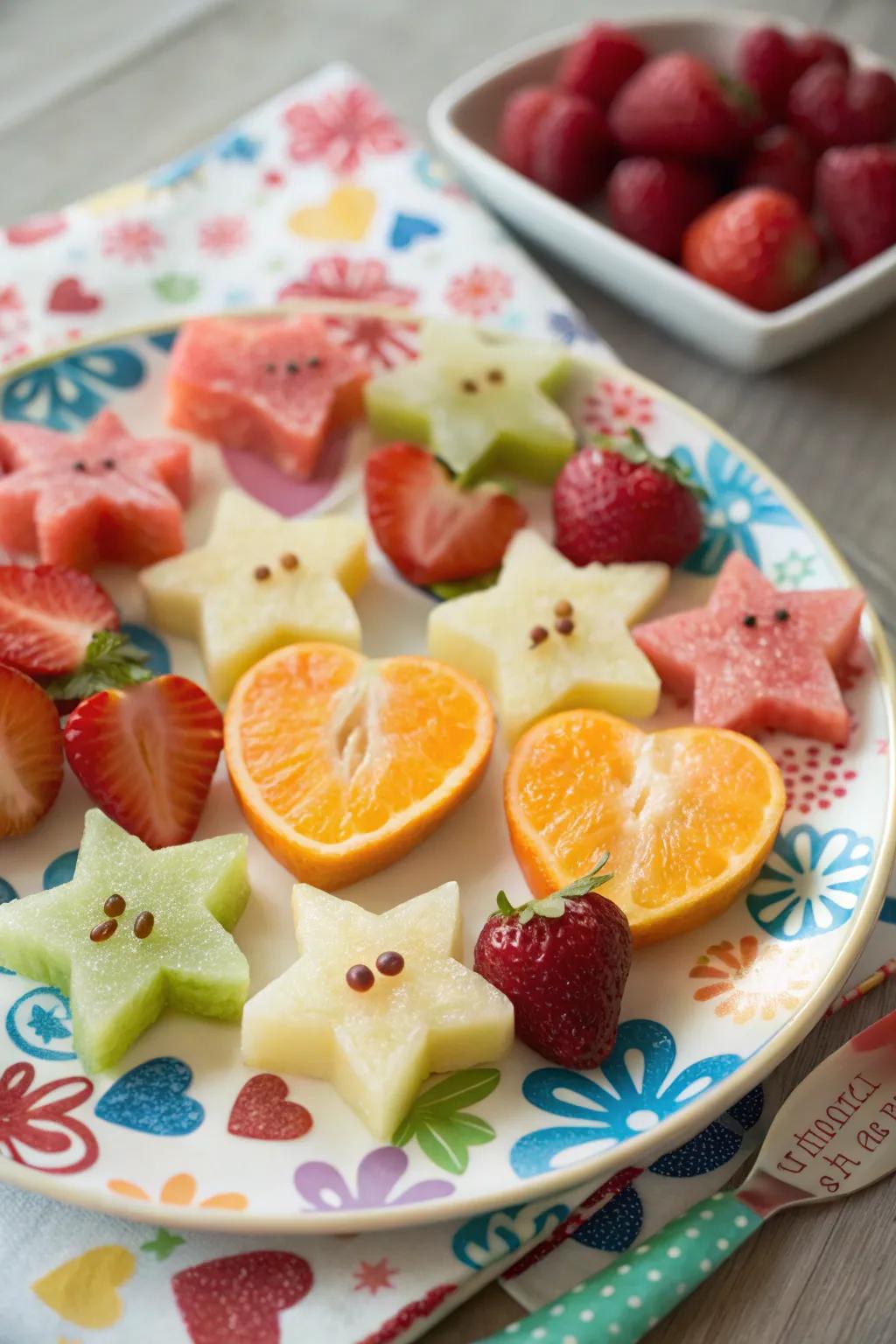 A festive and fun fruit tray with playful shapes.