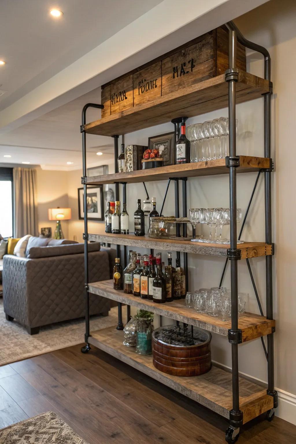 Industrial pipe shelves impart an edgy feel to your bar.