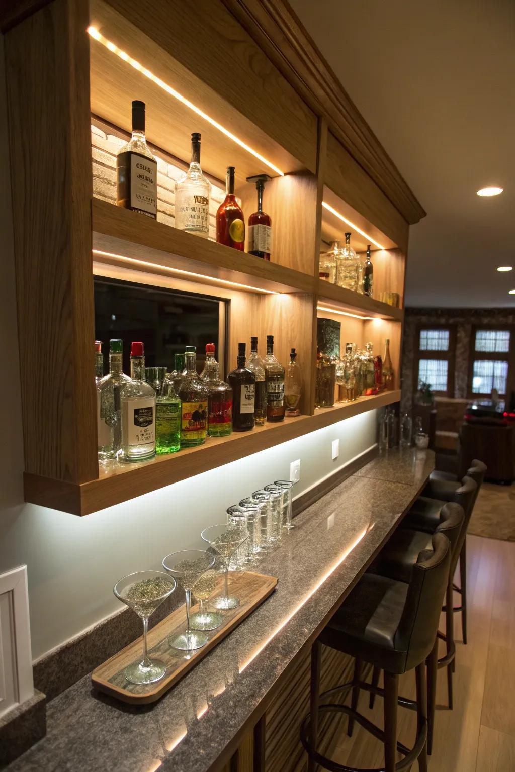 Floating shelves with LED lighting provide a modern home bar.