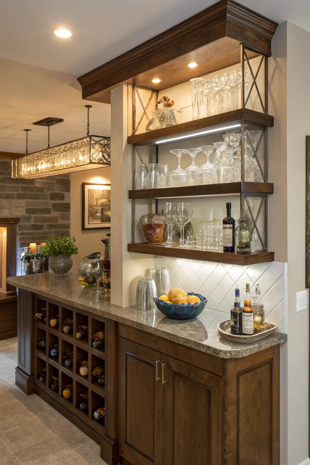 Floating corner shelves add dimension to your bar.