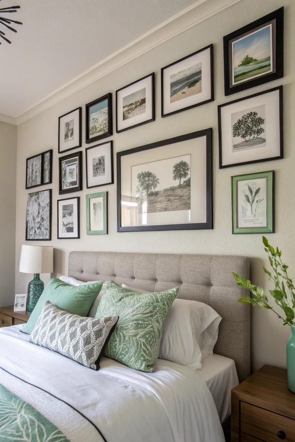 Dark and light-toned art with green details to enhance the room's theme.