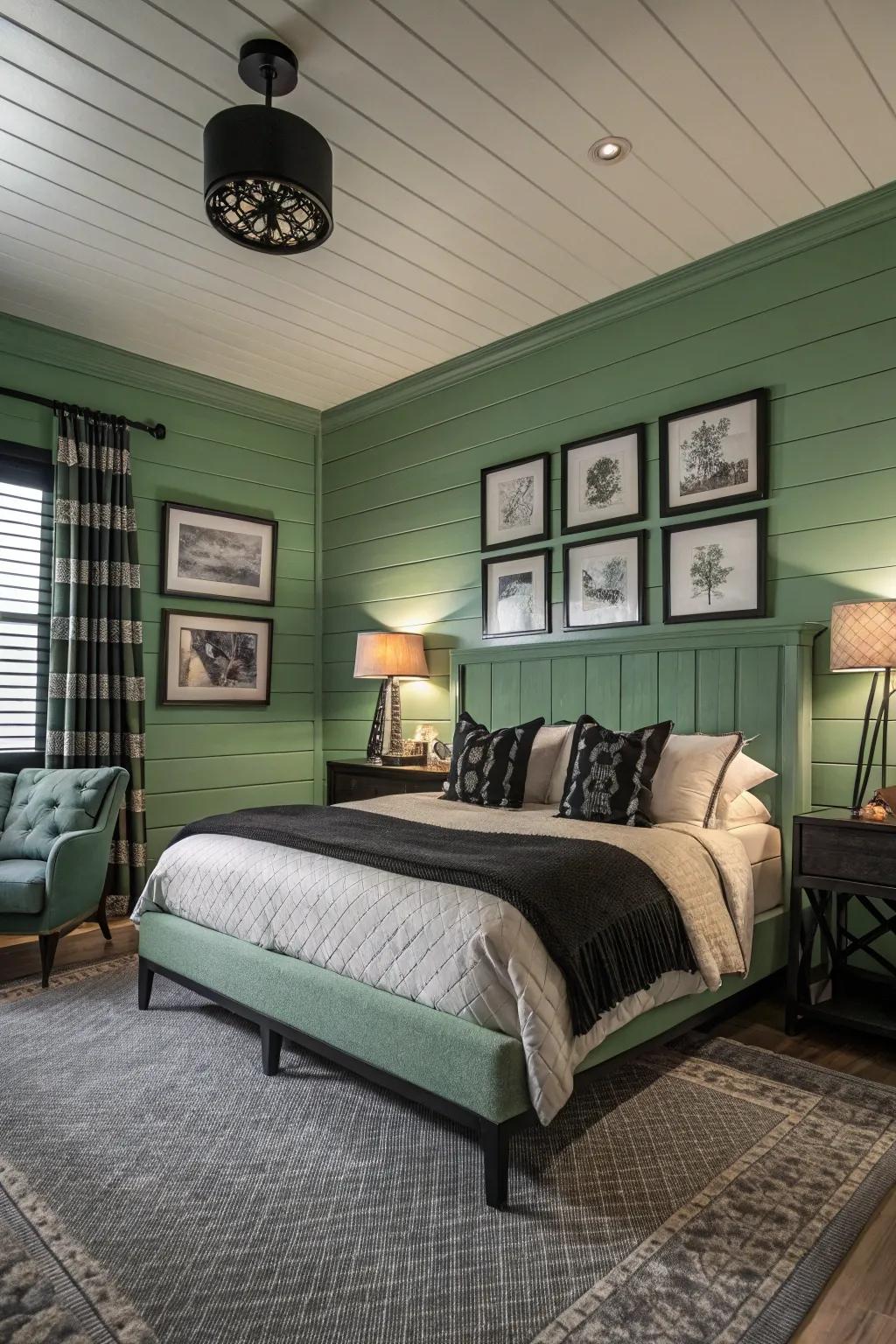 Green wood-style walls offering texture and warmth.
