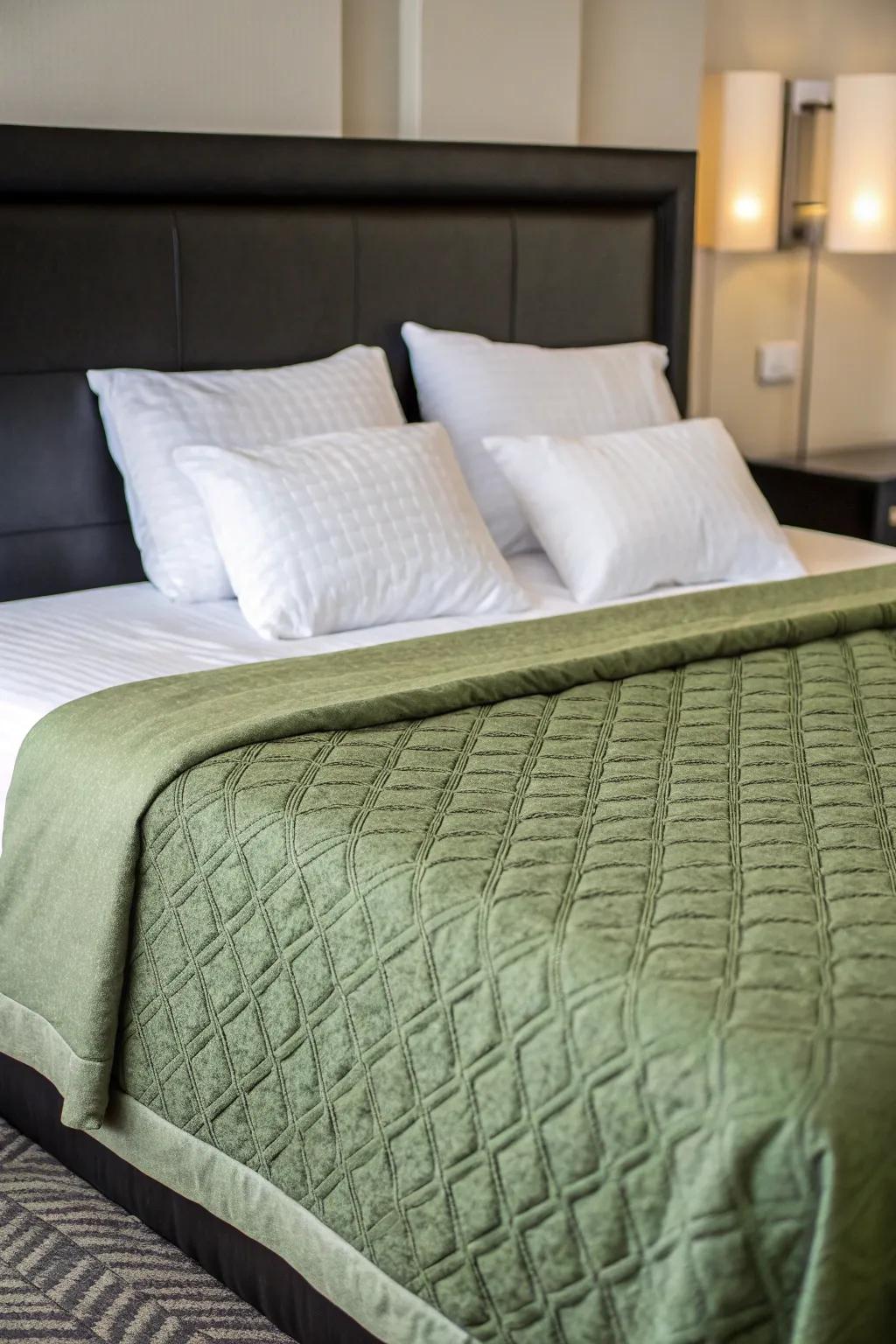 Textured green bedding offering comfort and flair.