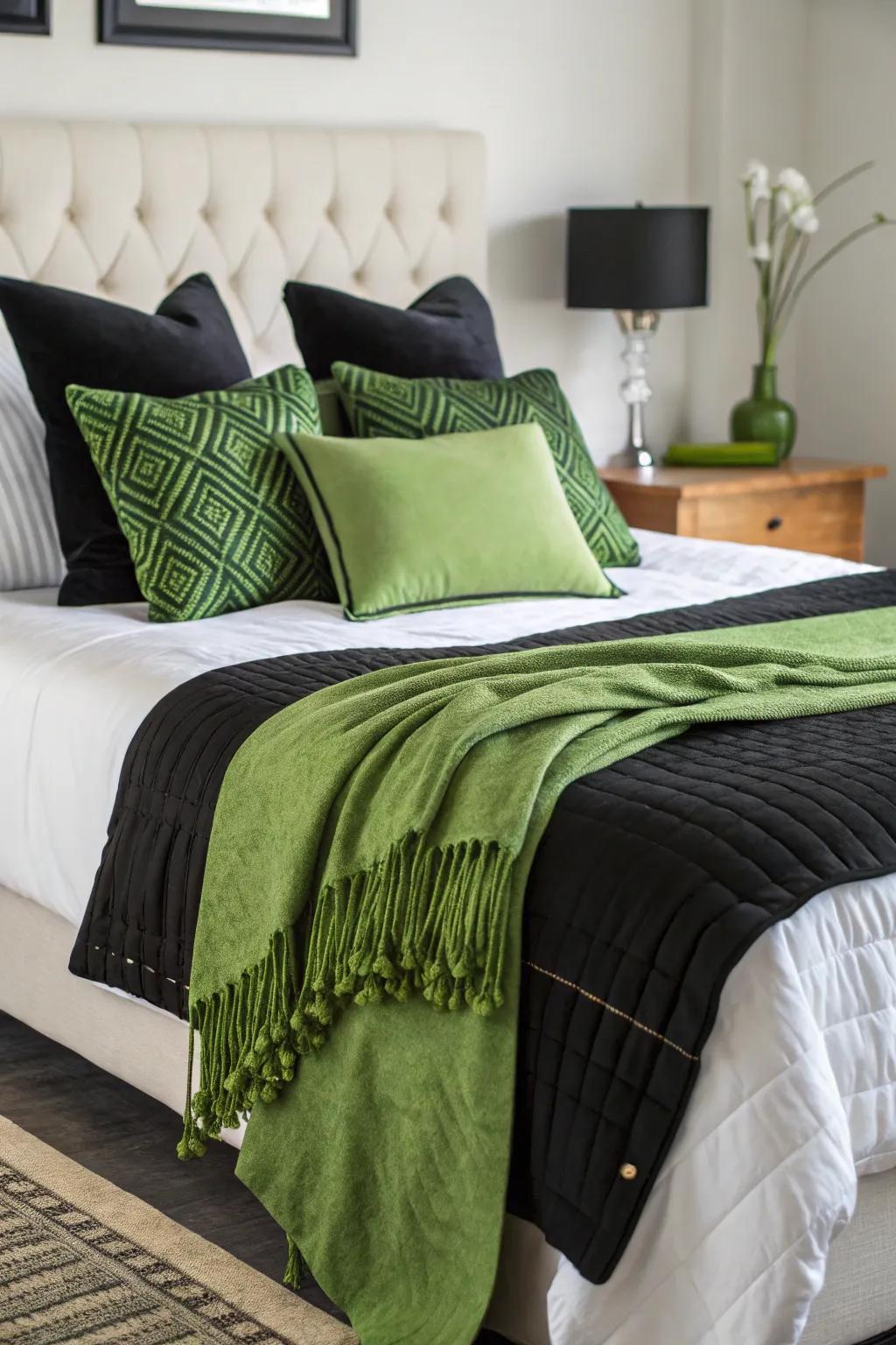 A bed adorned with dark, light-toned, and green linens for a polished appearance.