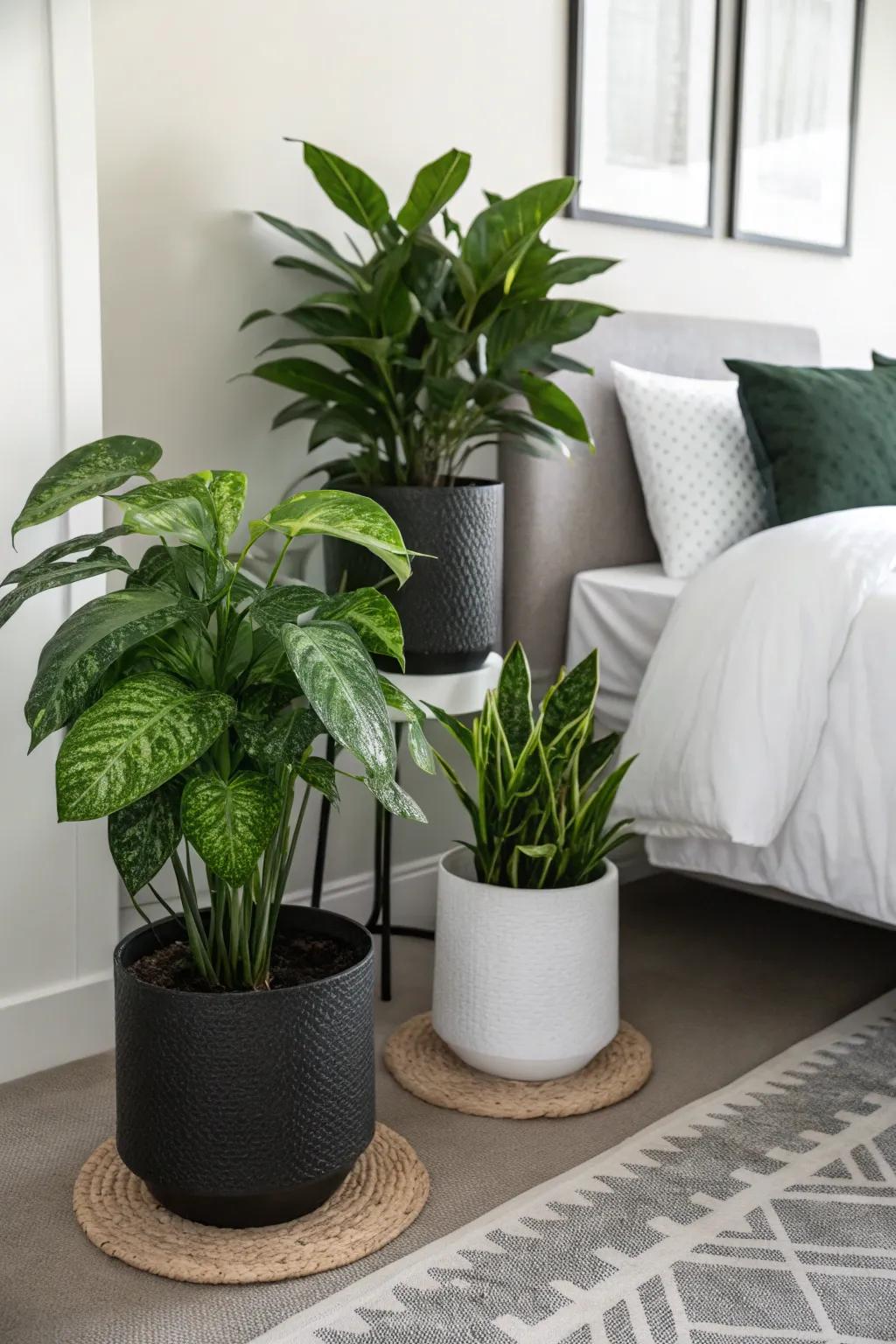 Green plants bringing a vibrant touch to a dark and light-toned bedroom.