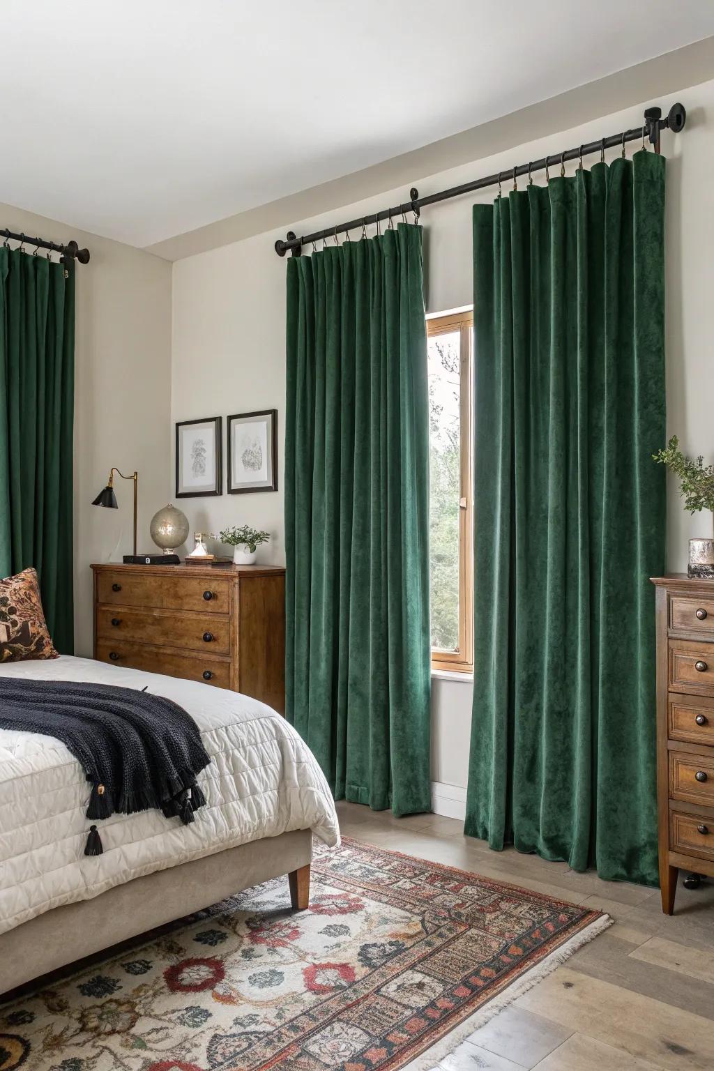 Green plush curtains creating a luxurious atmosphere.