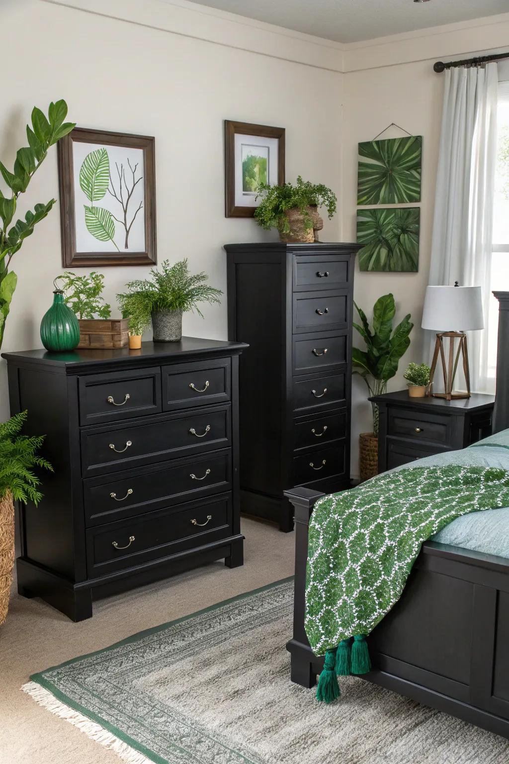Strong dark-toned furniture creating a modern contrast with green décor.