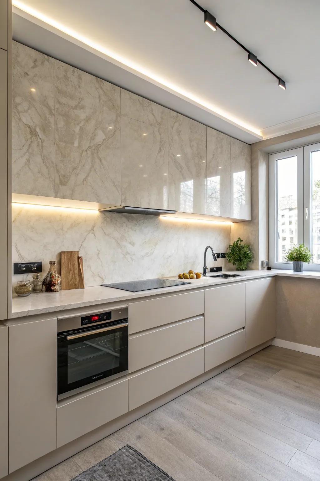 A sleek Venetian plaster backsplash brings sophistication to your kitchen.