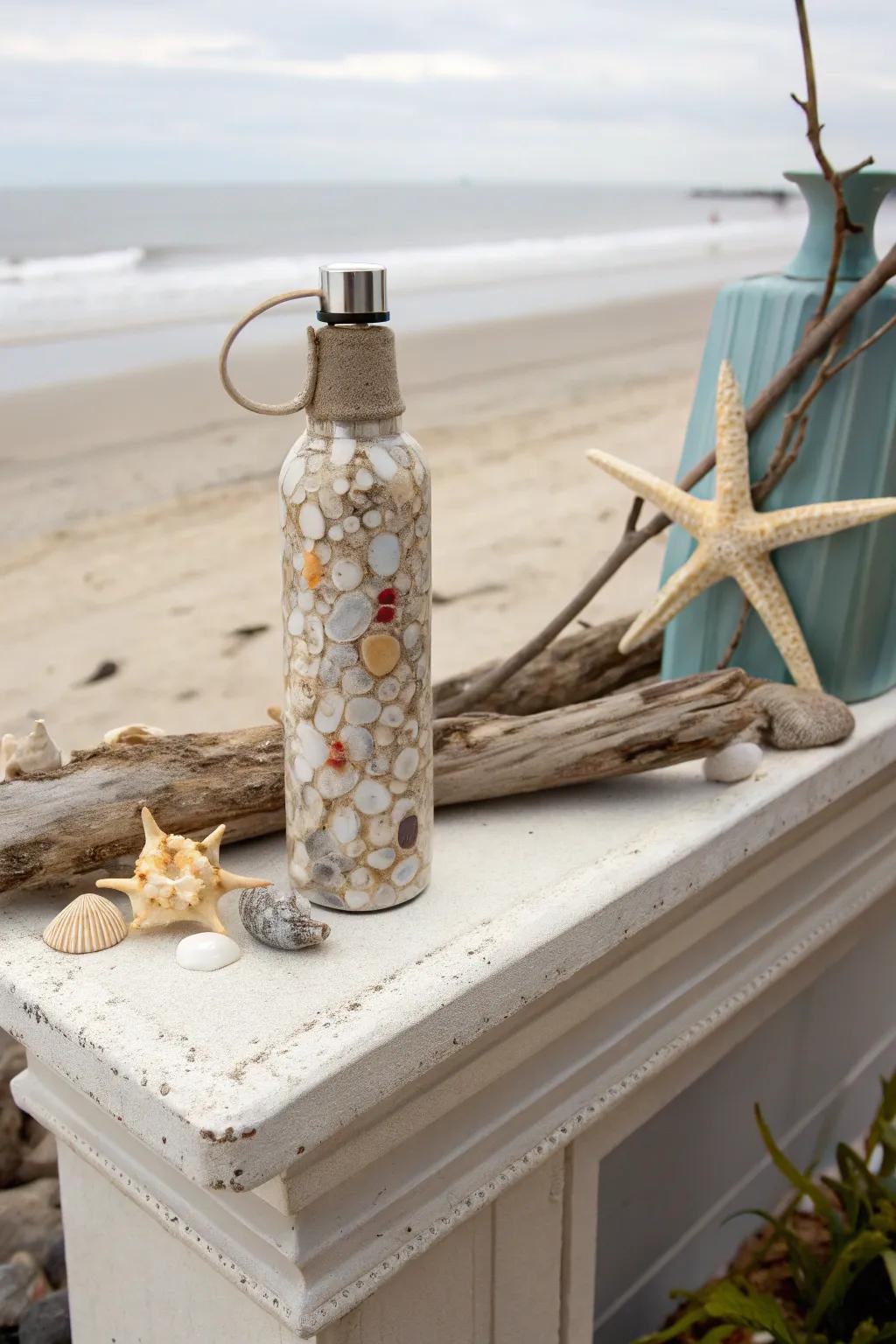 A drink container adorned with shells for a seaside ambiance.