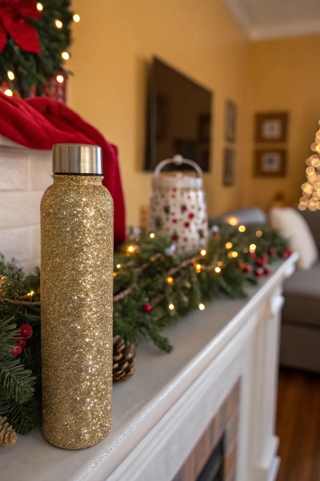 A shimmering drink container lavished in gold iridescent particles.