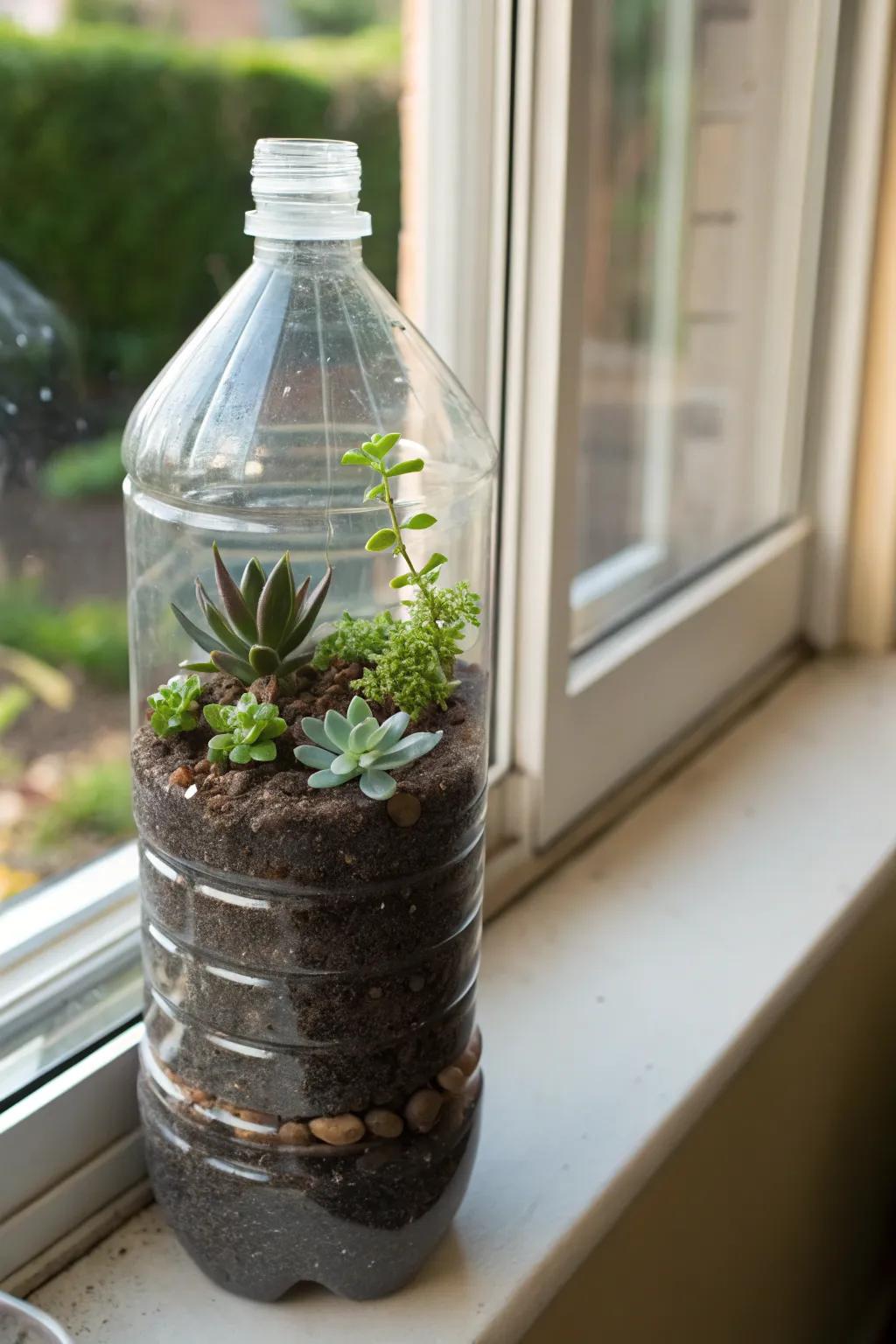 A drink container converted into a plant container featuring a succulent.