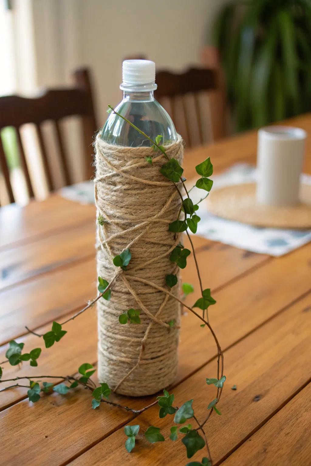 A rustic drink container wrapped in cord and accented with artificial foliage.