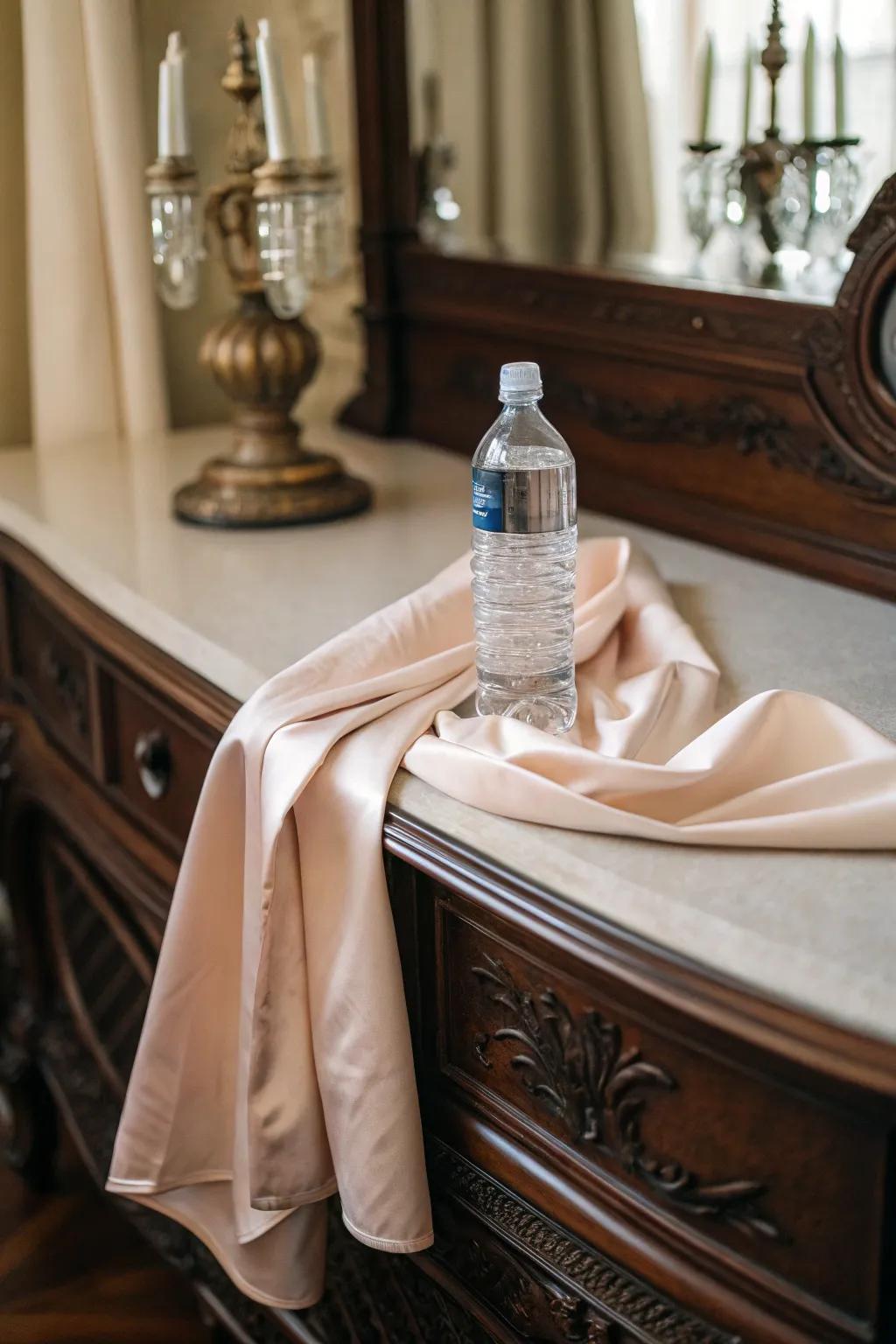 A drink container draped in tender material for a graceful element.