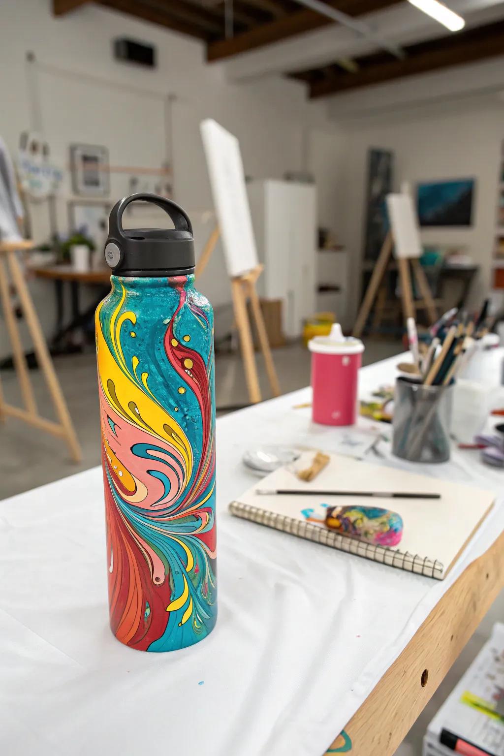 A drink container displaying an abstract acrylic diffusion layout.