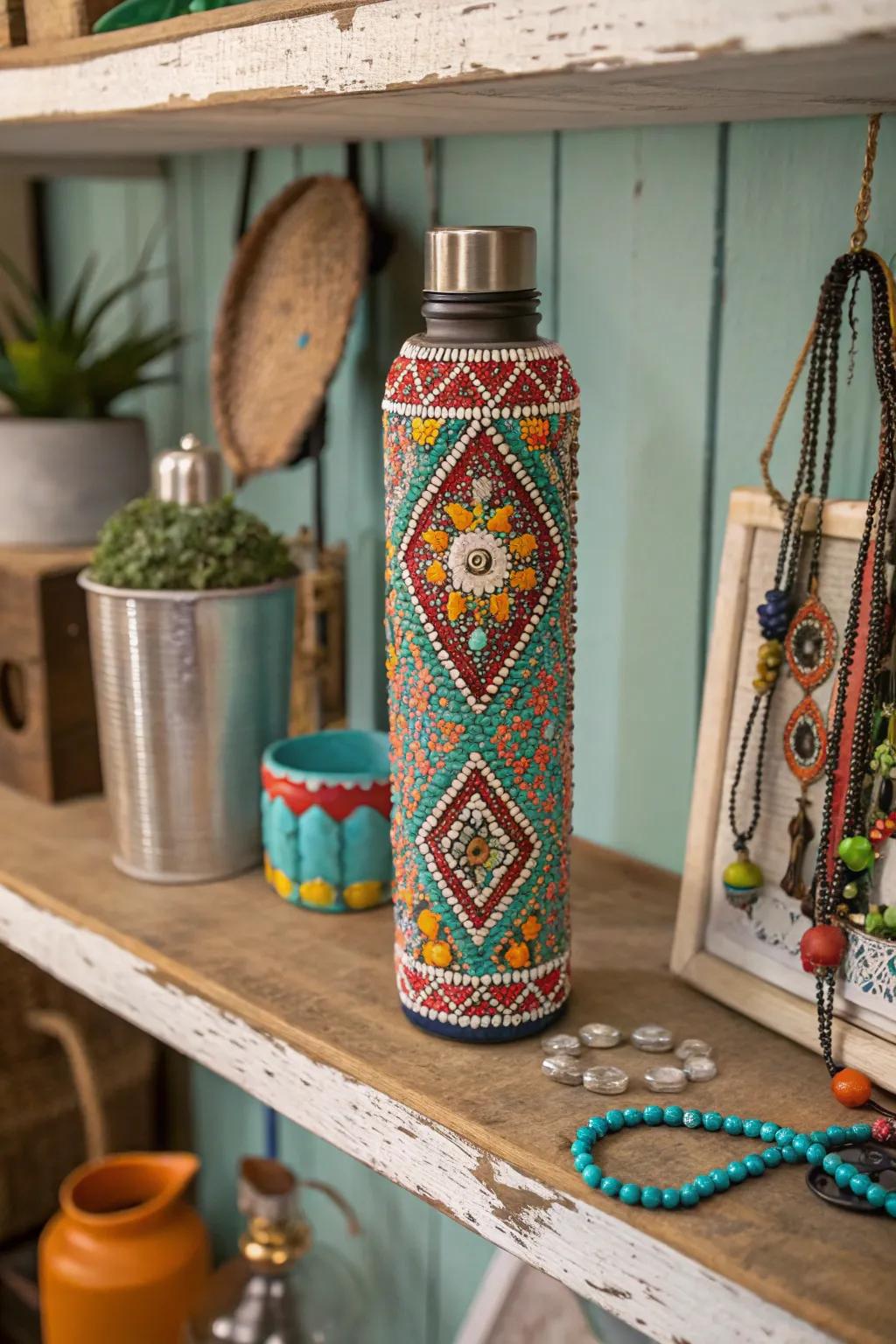 An elegant drink container embellished with elaborate beadwork.