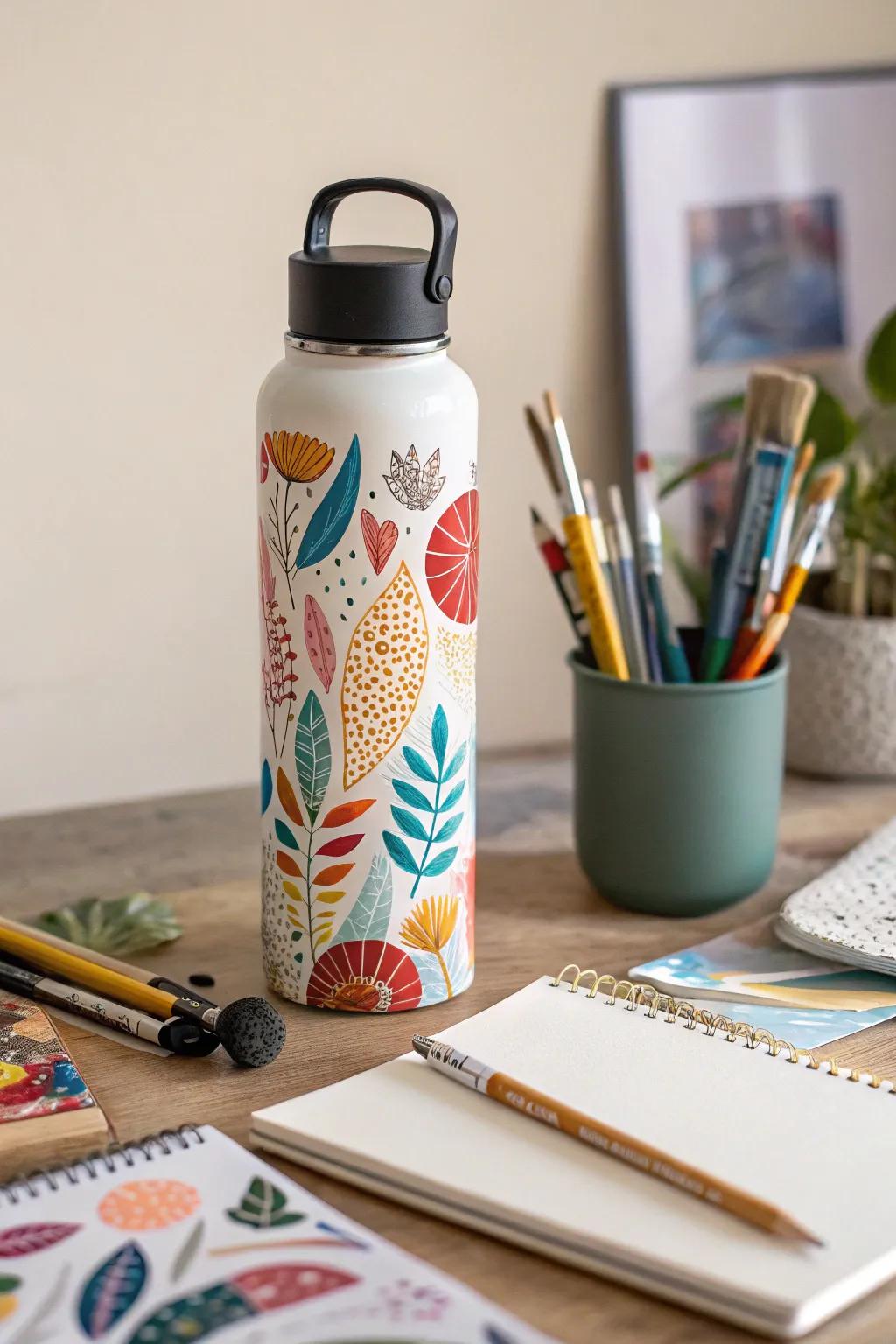 A drink container adorned with vibrant abstract collage.