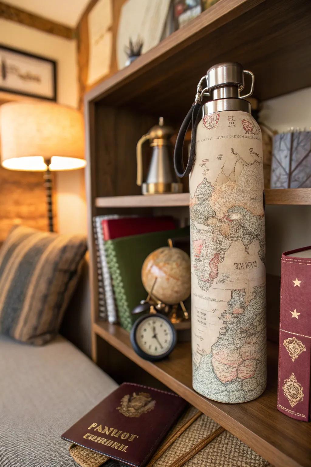 A drink container enclosed in aged nautical chart paper for a travel ambiance.