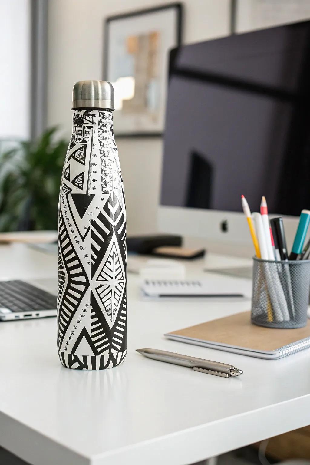 A contemporary drink container displaying audacious geometric compositions.