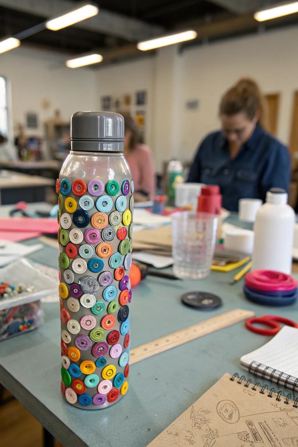 A whimsical drink container adorned with vibrant fasteners.