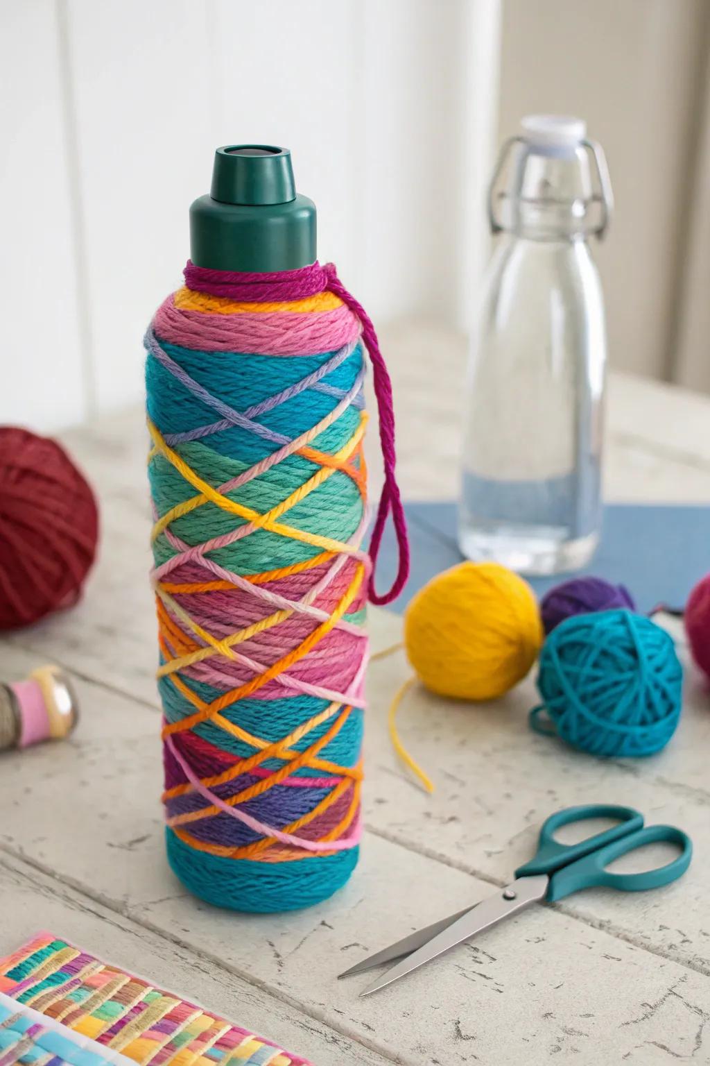 A playful drink container swathed in vibrant thread.