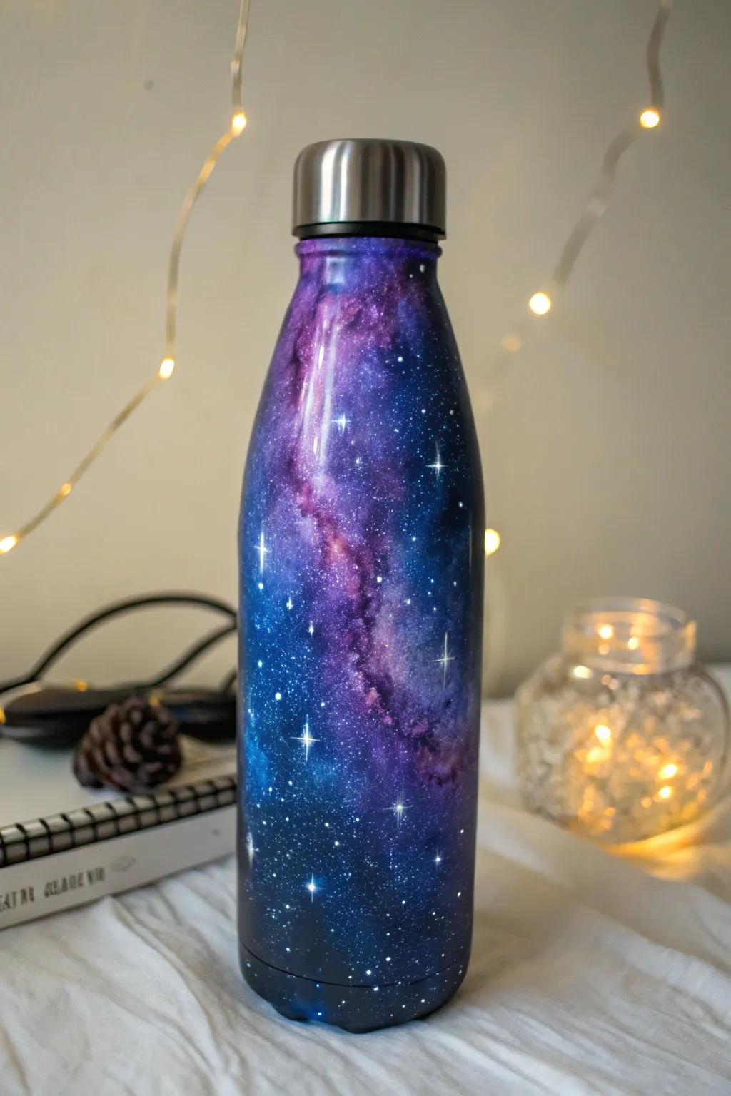 A mystical drink container displaying a celestial-themed layout.