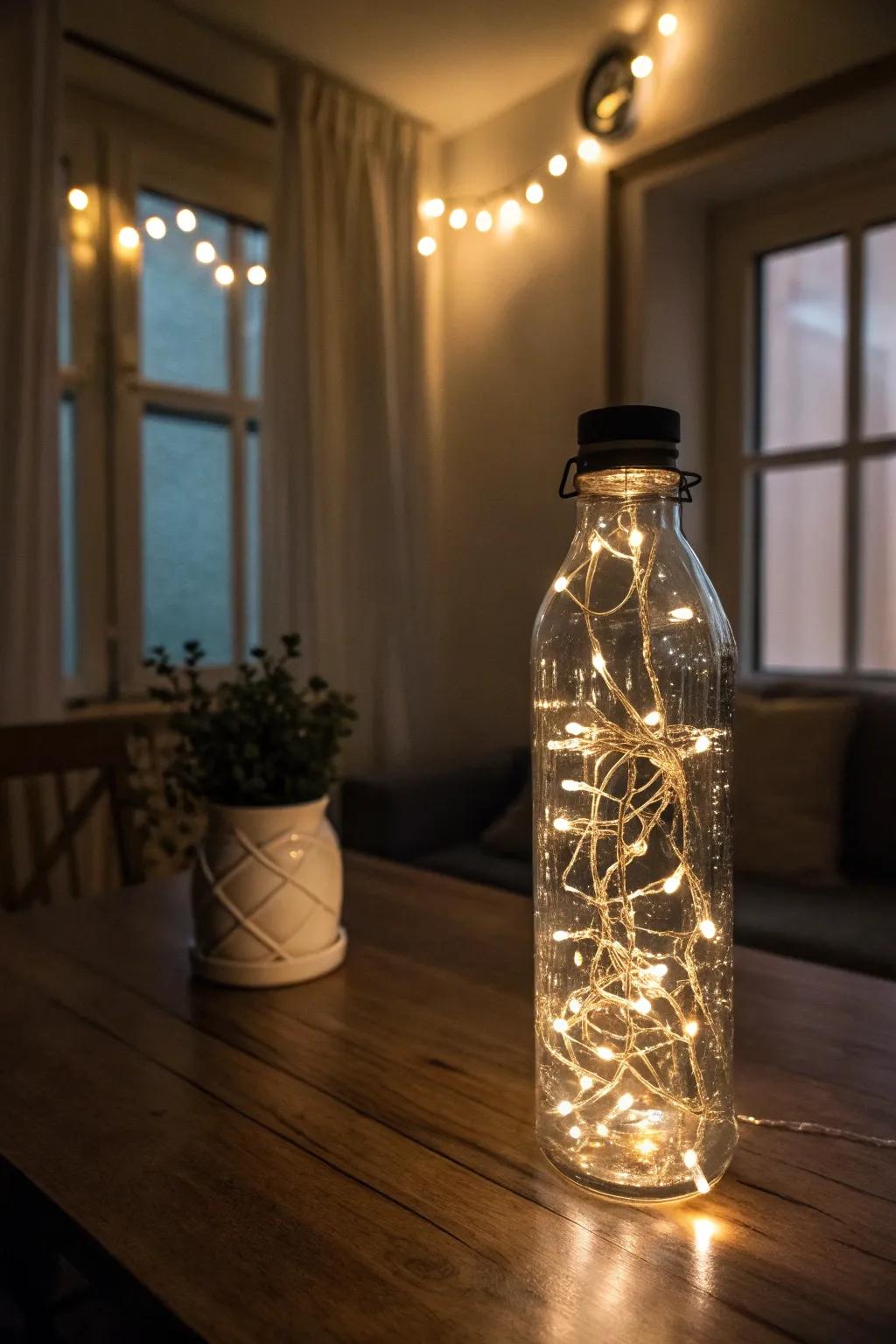 A drink container overflowing with warm delicate lighting producing a captivating radiance.